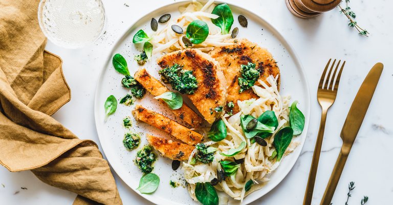 Kürbis Schnitzel mit Löwensenf Medium Senf