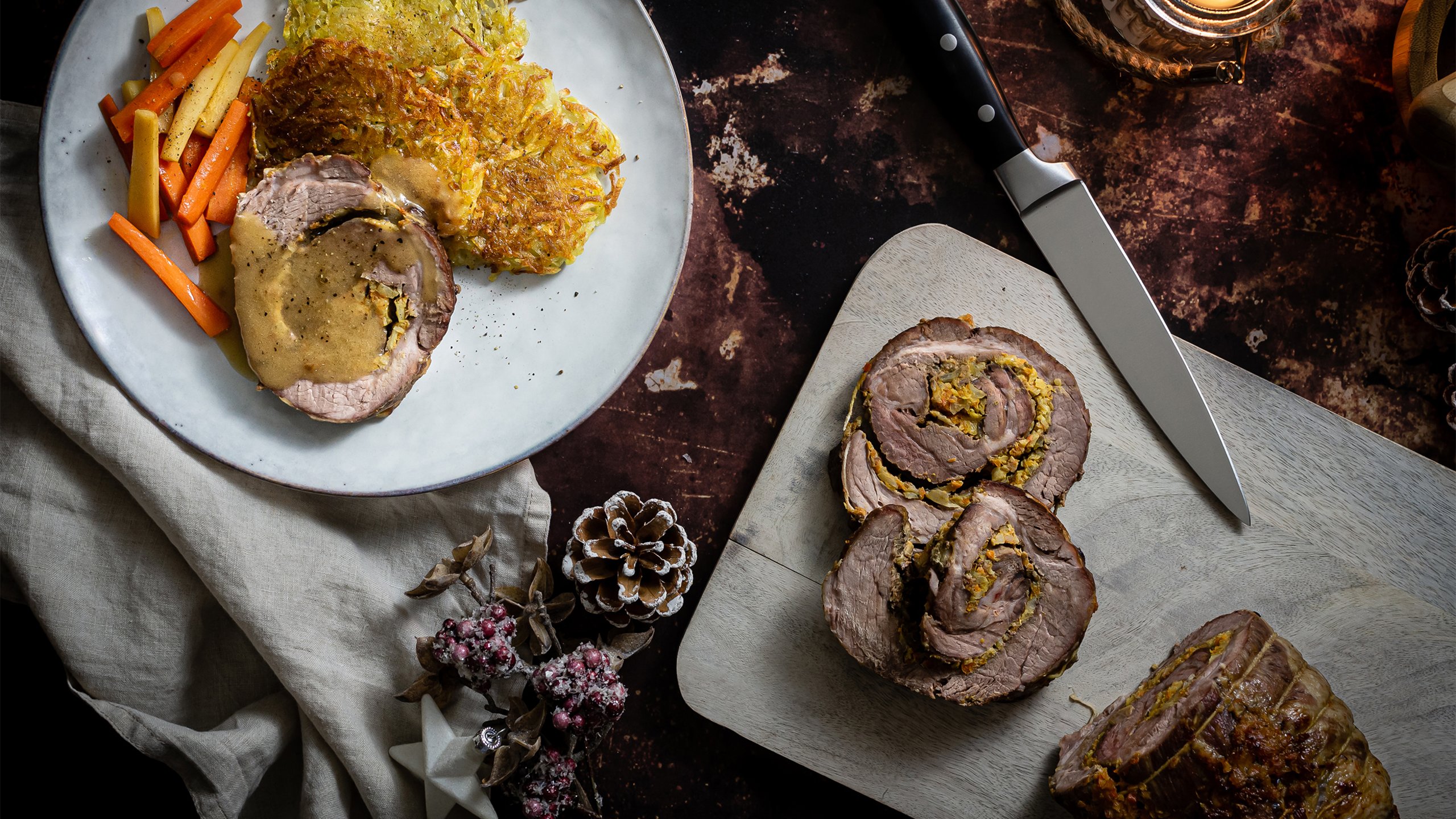 Löwensenf Rezept Schweinerollbraten mit Ofen-Senf-Gemüse