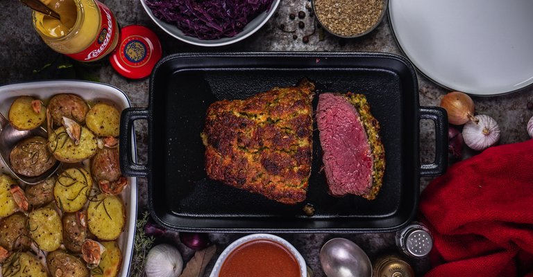 RInderfilet mit Senf Pistazien Kruste aus Löwensenf Extra scharf