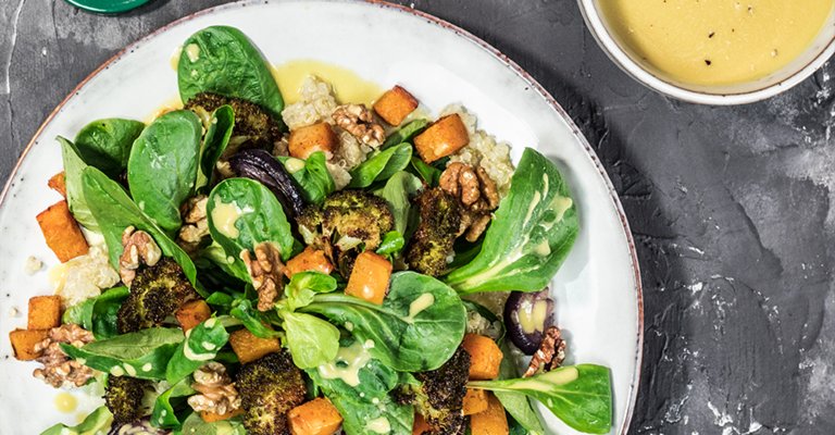 Quinoa Kürbis Salat mit Senf Vinagrette aus Löwensenf mittelscharfem Senf