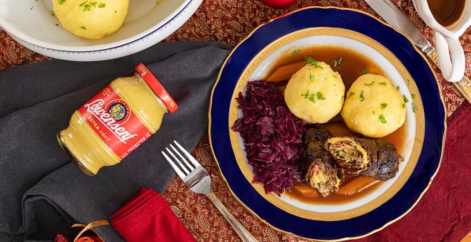 Roulade mit Knödel und Rotkraut - Löwensenf Extra