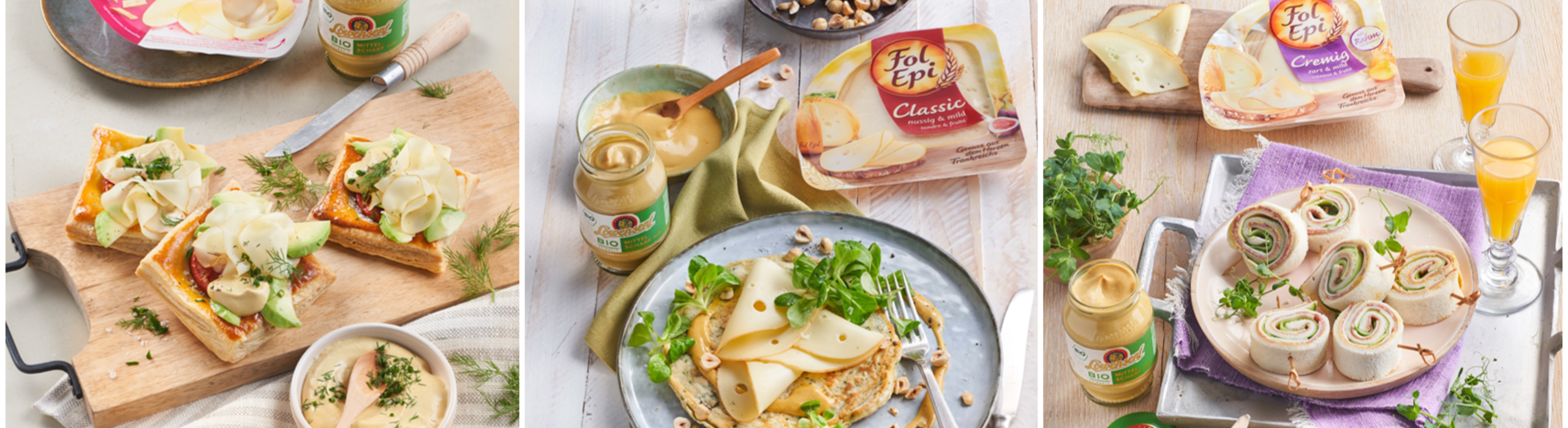 Sandwich - Blätterteigschnitte, Kräuter-Pfannkuchen und Sandwich-Roulade mit Löwensenf Bio Mittelscharf und Fol Epi