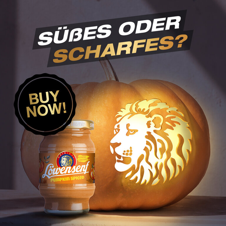 Löwensenf Pumpkin Spiced Senf vor Kürbis