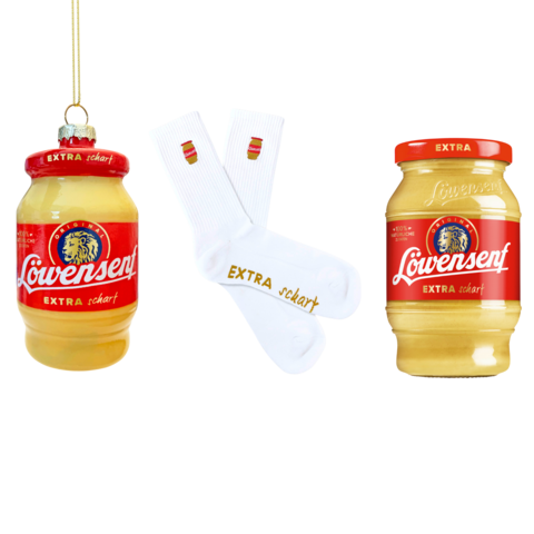 Löwensenf Set mit Weihnachtskugel, Socken und 250ml Löwensenf Tönnchen