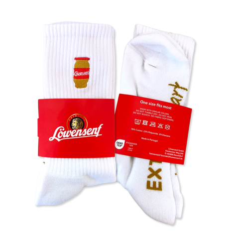 Löwensenf Socken mit Senf Tönnchen und Banderole