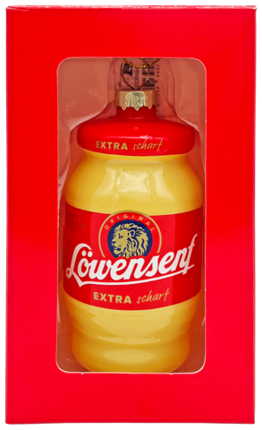 Löwensenf Weihnachtskugel Extra Tönnchen in Verpackung