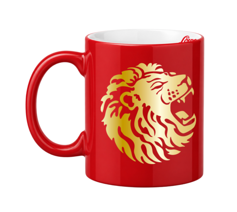 Rote Löwensenf Tasse mit Spruch "Habe mich umgesehen" Löwenkopf