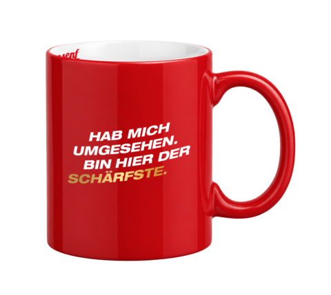 Rote Löwensenf Tasse mit Spruch "Habe mich umgesehen" Löwenkopf