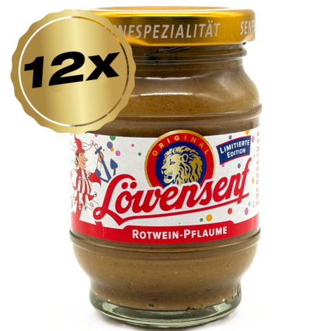Löwensenf Spezialitäten Karnevalsedition Rotwein Pflaume 12er 100ml Set.