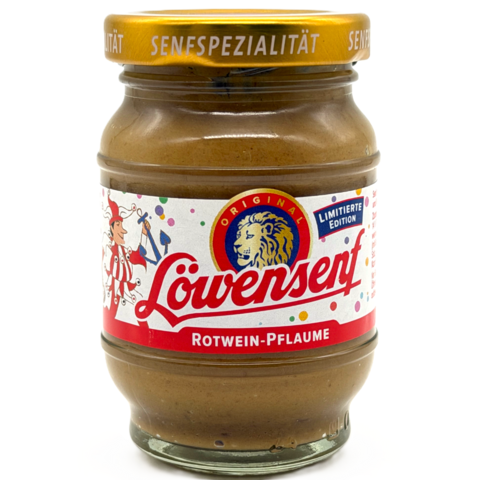 Löwensenf Spezialitäten Karnevalsedition Rotwein Pflaume im 100ml Tönnchen.